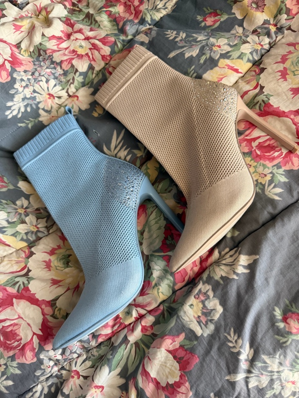 Steve Madden Blue and Beige Knit Pointed-Toe Stiletto Booties